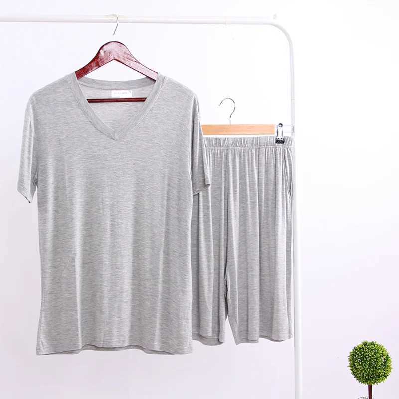 Summer Modal Pajama Set Thin Short sleeved T-shirt Short sleeved Mens Casual Set 2-piece V-neck Solid Color Home ClothesW240719