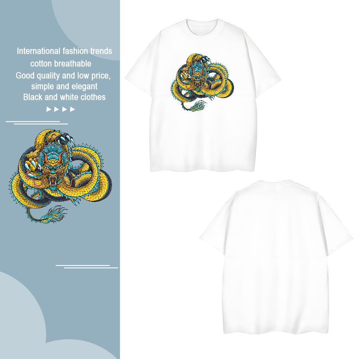 T-Shirts 230g Pure Cotton dragon Daily Outfit Round Neck Short Sleeve Customized Print Men Tops Tees New Cool Clothes