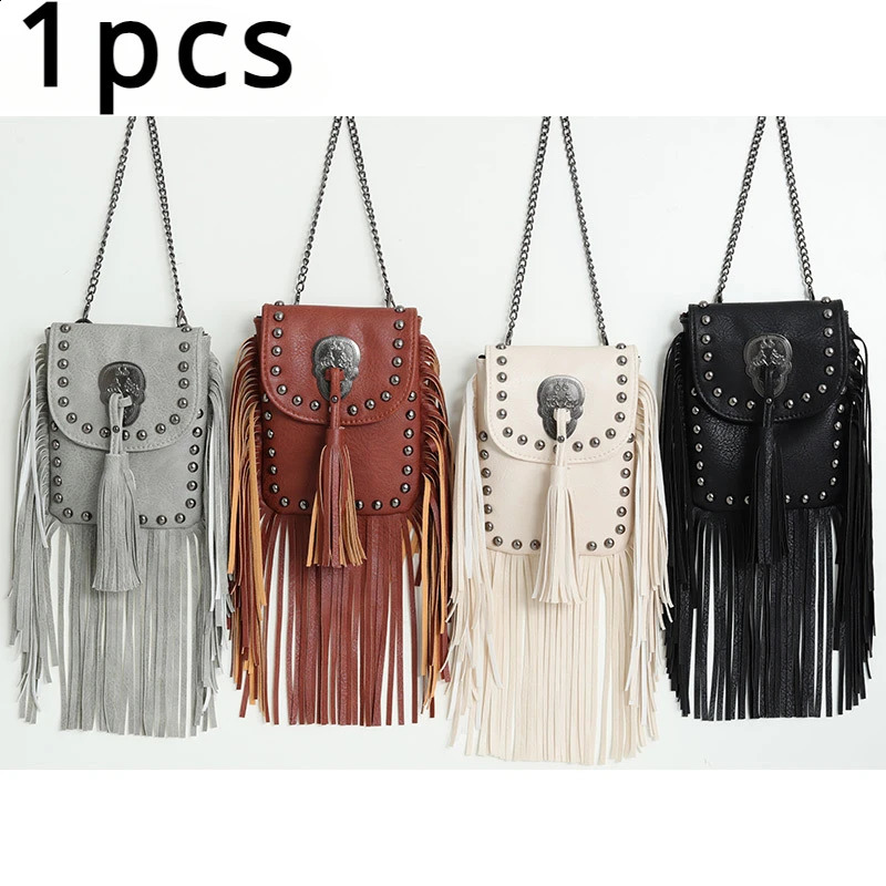 1 piece of European and American fashion soft leather rivet tassel bag chain shoulder cross small bag womens bag 240820