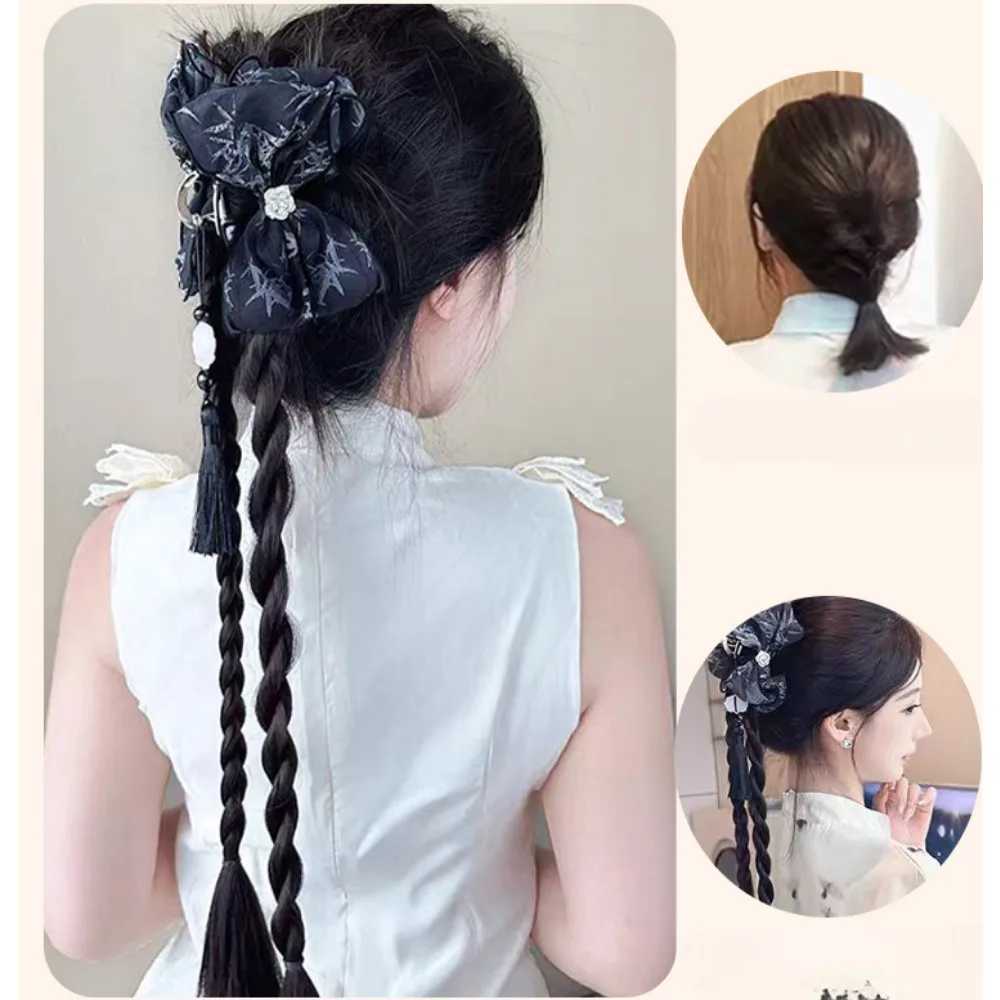 Chinese style bow clip style ponytail synthetic Wigs womens retro gentle boxing chest braid hair extension 50cm W240817