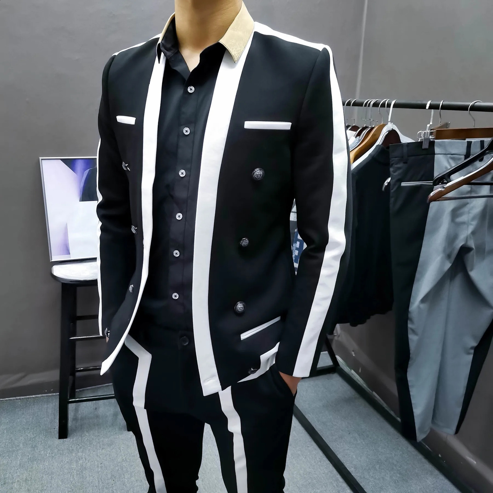 Trajes De Hombre Contrast Stripe Blalck White Suit Male Wedding Groom Suit Spring Disguised Men Slim Stage Outfit Men Party Suit 240819