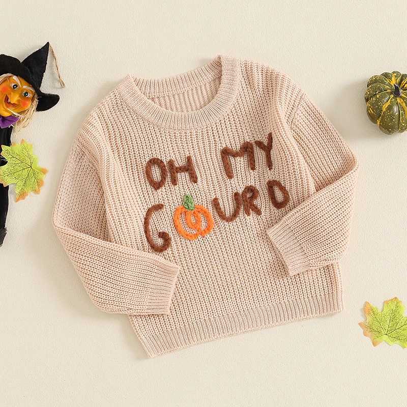 FOCUSNORM 0-3Y Baby Boys and Girls Halloween Sweater Letter Pumpkin Embroidery Staff Neck Long Sleeve Floral Top W240820