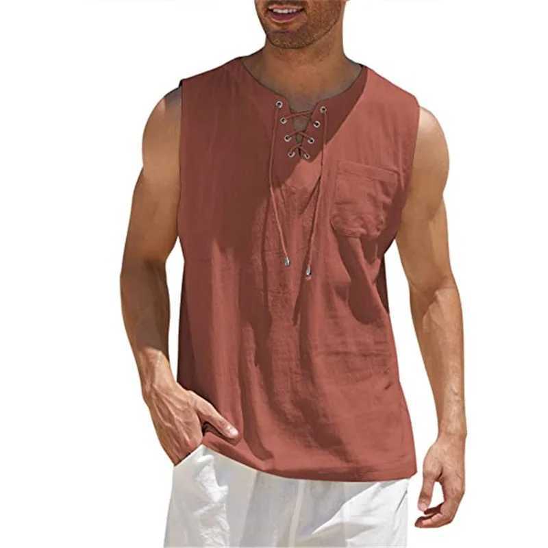 Summer New Mens Long Sleeves T-shirt Cotton Linen Clothes V Neck Lace-up Loose Tops Tees Shirt Beach Casual Pullover S-4XLXJ240819