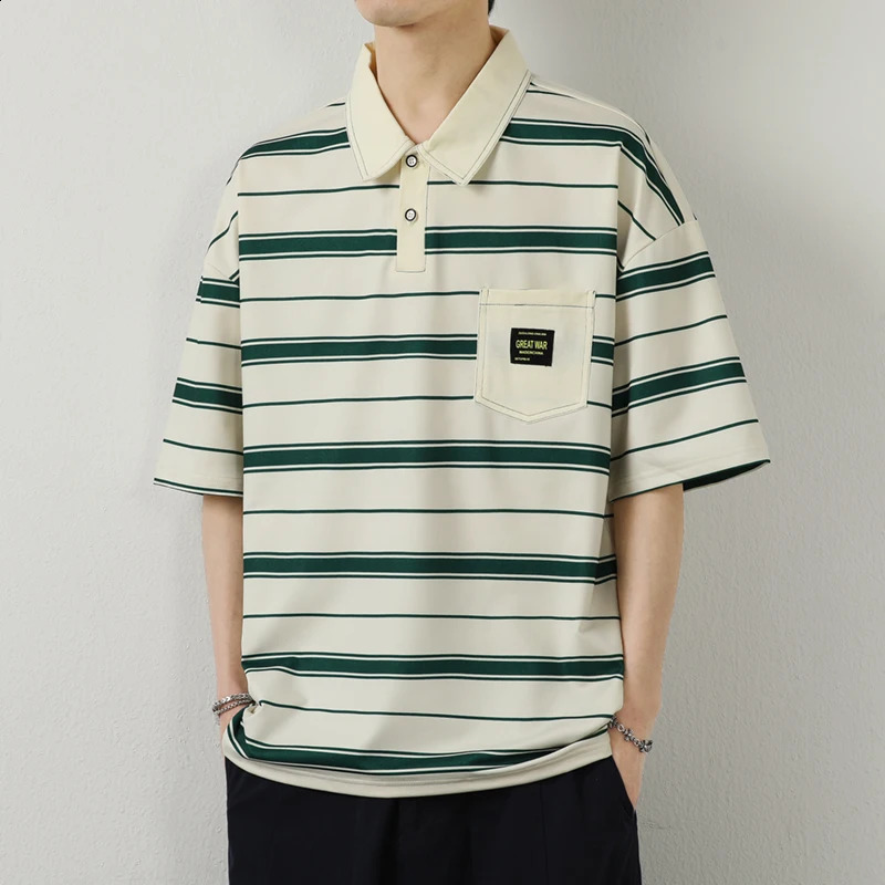 Young Style Loose Striped Polo Shirts Summer Casual Half Sleeve Mens Clothing Fashion Turn-down Collar Korean Pockets T-shirts 240820