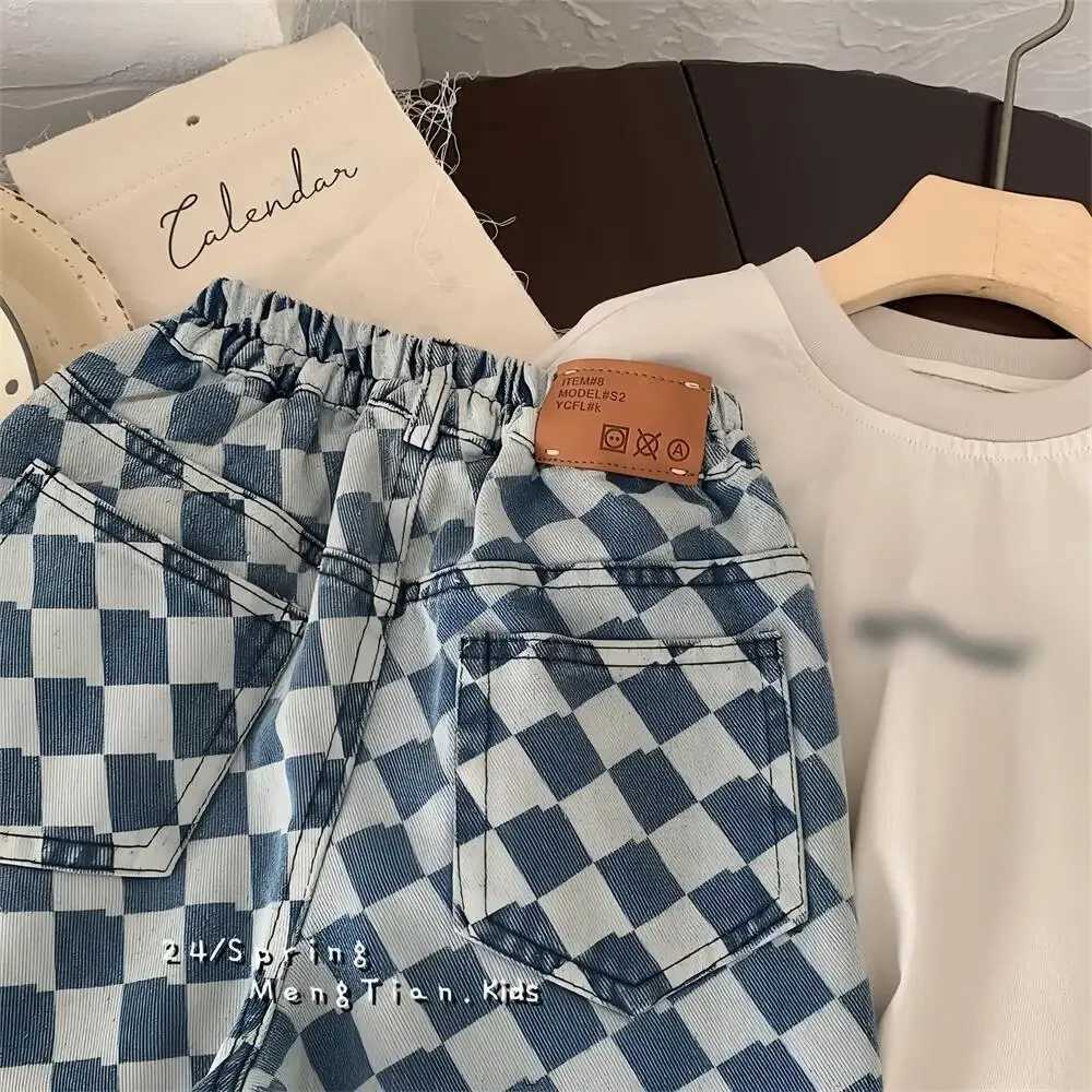 Baby Girls Jeans Kids Grid Elastic Waist Jeans Fashion Jean Trouser 2024 Spring/Summer Childrens Clothing Korean StyleW240819