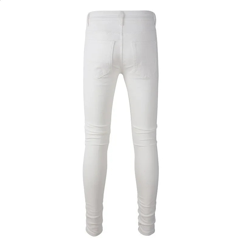 Sokotoo Mens white stretch ripped biker jeans Slim skinny pleated patchwork denim pants 240819