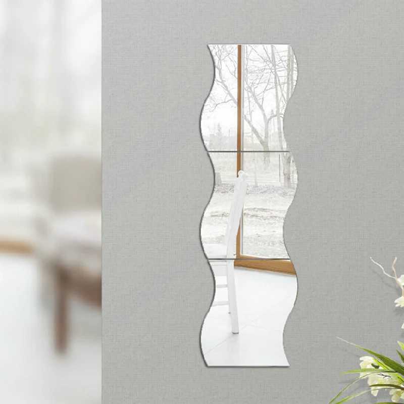 6/12Pcs 12X10cm Waves Shape Self-adhesive Tile 3D Mirror Stickers Cosmetic Mirror Wall Sticker Home Wall Bedroom Make Up Mirrors Y240819