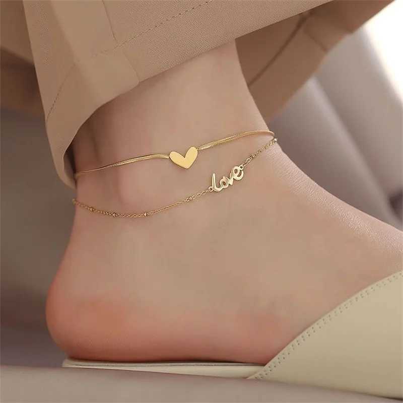 Luxury brand jewelry double-layer heart-shaped letter anklet snake chain womens gold stainless steel womens jewelry does not fade W240815