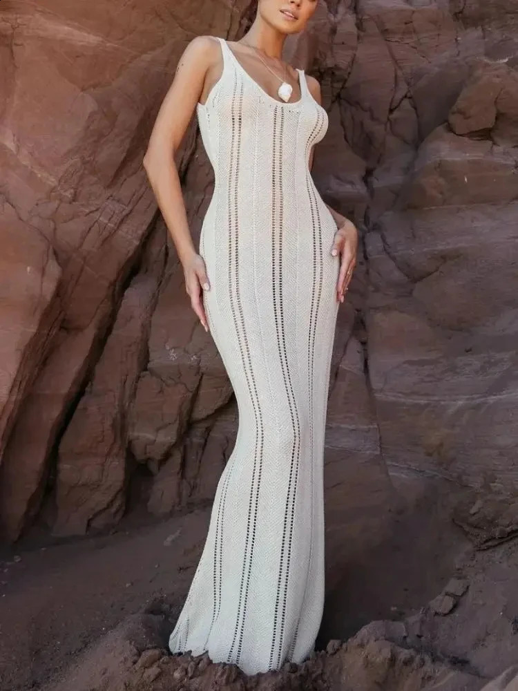 Sexy Knitted Hollow Out Long Sleeve Beach Maxi Dress Women Holiday Outfit Elegant Off Shoulder Slim Dress Summer Evening Vesidos 240819