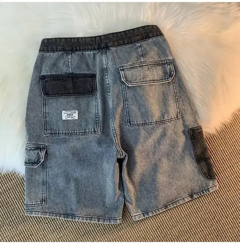 Japanese retro loose denim shorts suitable for womens summer trendy street style casual functional multi pocket cargo pants 240819