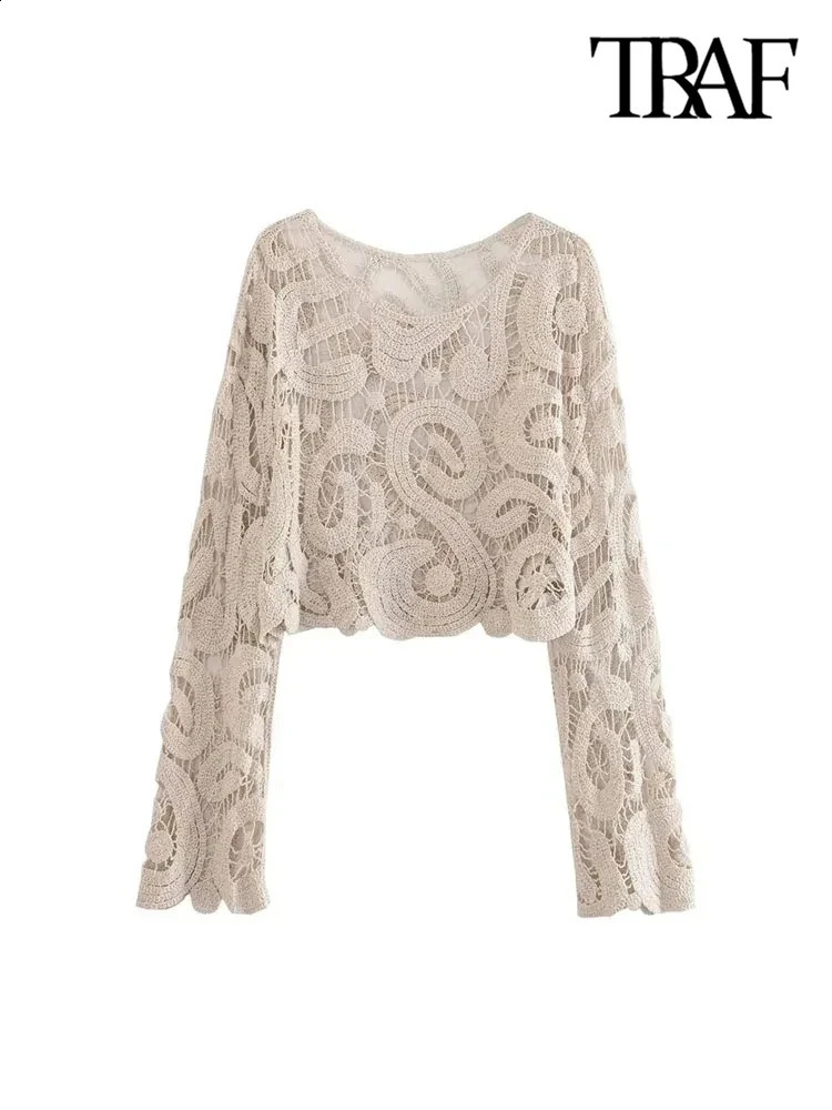 TRAF womens fashionable cut semi wool crochet knitted sweater sexy Oneck long sleeved floral top 240819