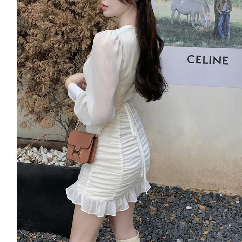 Spring Autumn Solid Color V-neck Long Sleeve Mini Dress Women Edible Tree Fungus Slim Sexy Dresses Elegant Slim Vestidos 240819