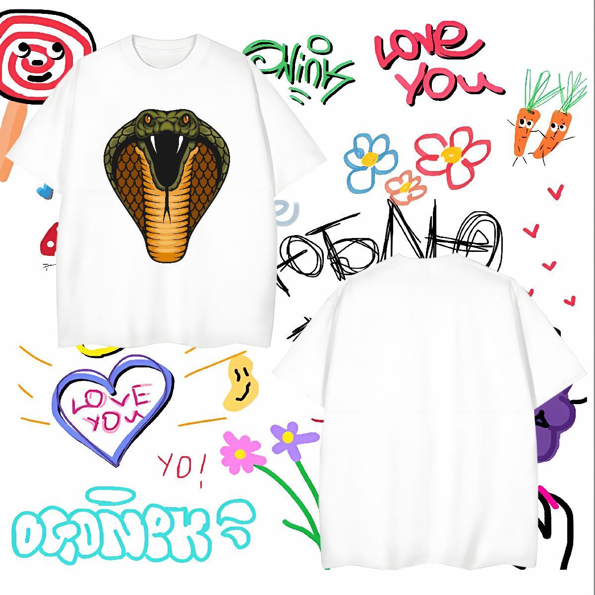 2024 New Men Clothes T-Shirt cobra Spring Summer 230g Cotton Top Tees Breathable Short Sleeve High Quality Man T Shirts Cartoon Print
