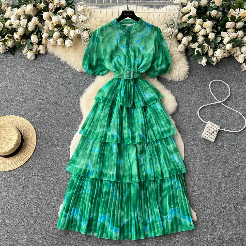 Vintage Pleated High Waist Dress Fairy A-line Puff Sleeve Dress Chic Summer Beach Vestidos Women Vacation Sundress