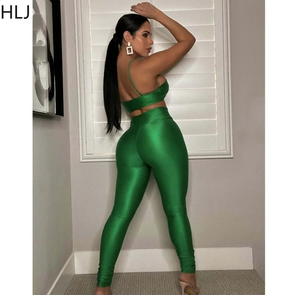 HLJ Sexy Solid Skinny Pants Two Piece Sets Women Thin Strap Sleeveless Bra Pants Outfits Fashion Lady Matching Nightclub Suits 240813