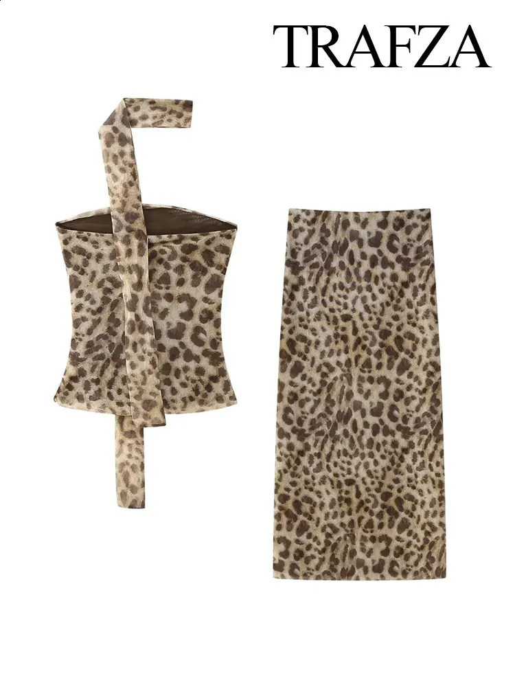 TRAFZA Vintage Skirt Set For Women 2024 Spring Leopard Print Causal Suit High Waist A-Line SkirtHalterneck Off-Shoulder Tube 240813