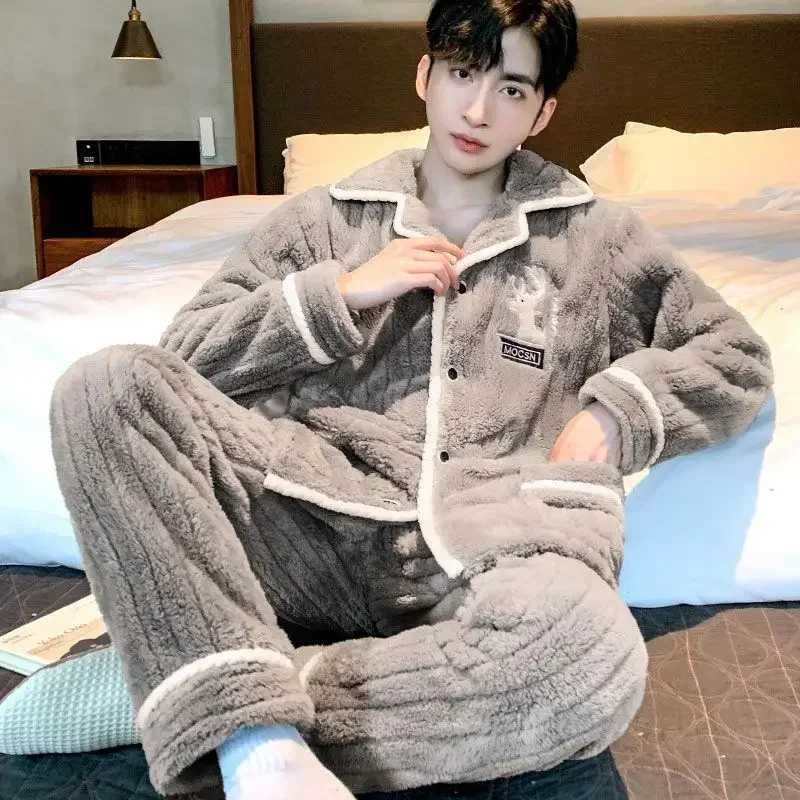 Mens Sleepwear Autumn Warm Sleepwear Set Coral Velvet Hoodie Single Chest Soft Sleepwear New SleepwearW240719