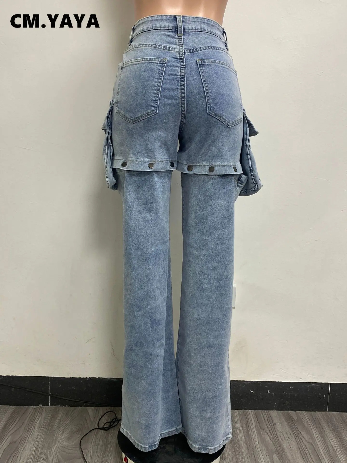 CM.YAYA Women Streetwear Zipper Fly Pocket Side Cargo Straight Denim Pants Safari Button Splicing Wide Leg Jeans Trousers Z260313