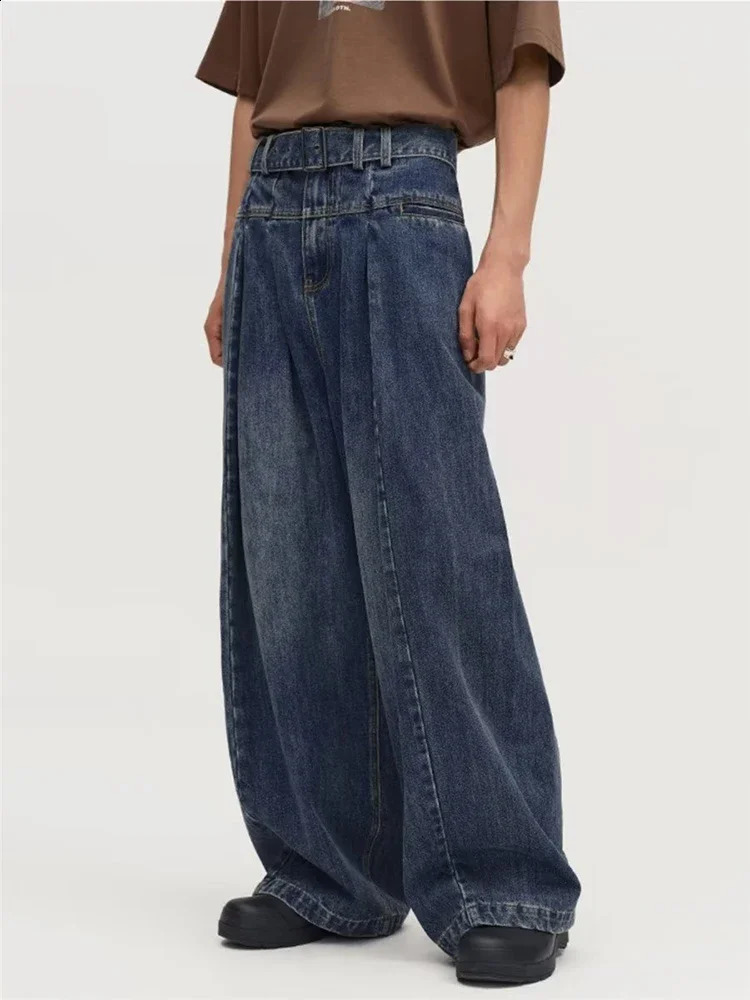 HOUZHOU Baggy Jeans Mens Distressed Denim Wide Leg Pants with Oversized Wrinkles Hip Hop Street Clothing 240819