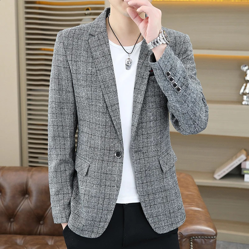 Mens Fashion Business Gentleman Jacket Korean Edition Trend Casual Plaid Wedding Celebration British Style Slimming Set 240819