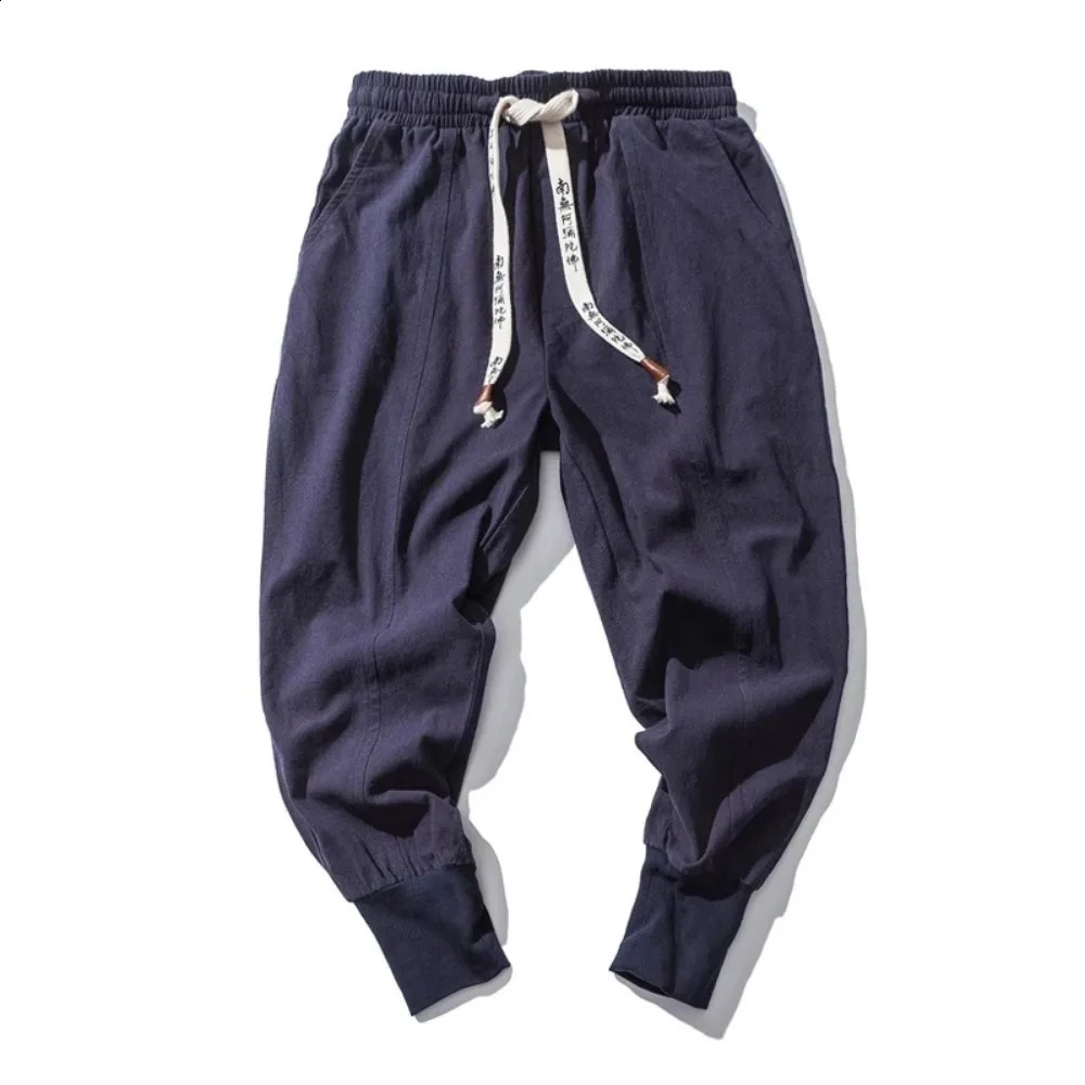 Cotton and linen harem pants for mens streetwear runners pocket crotch casual sports 240819