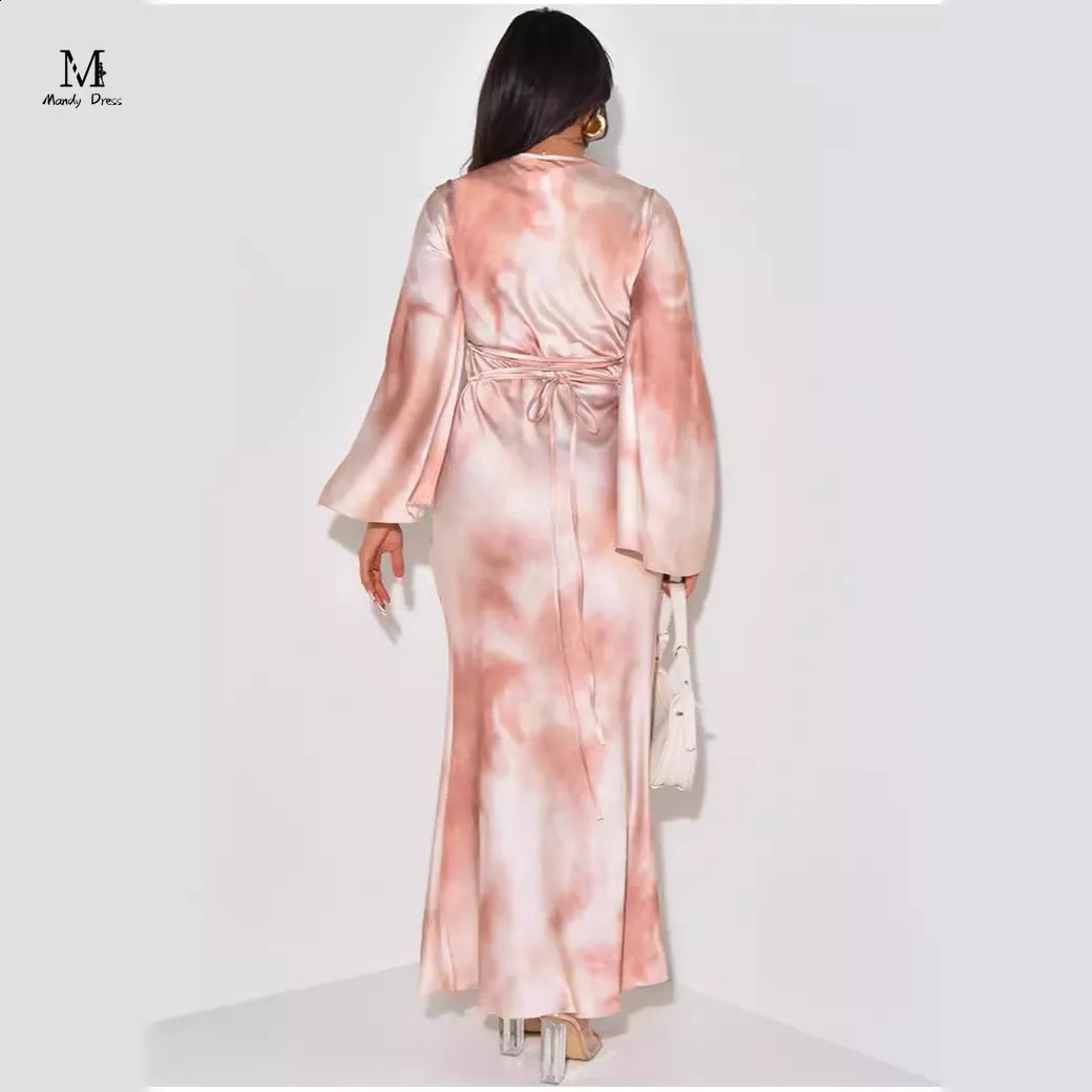 Elegant Women Print Maxi Dress Long Sleeve Loose O-neck Bandage Satin Clothing Fashion Lady Casual Dresses 240819