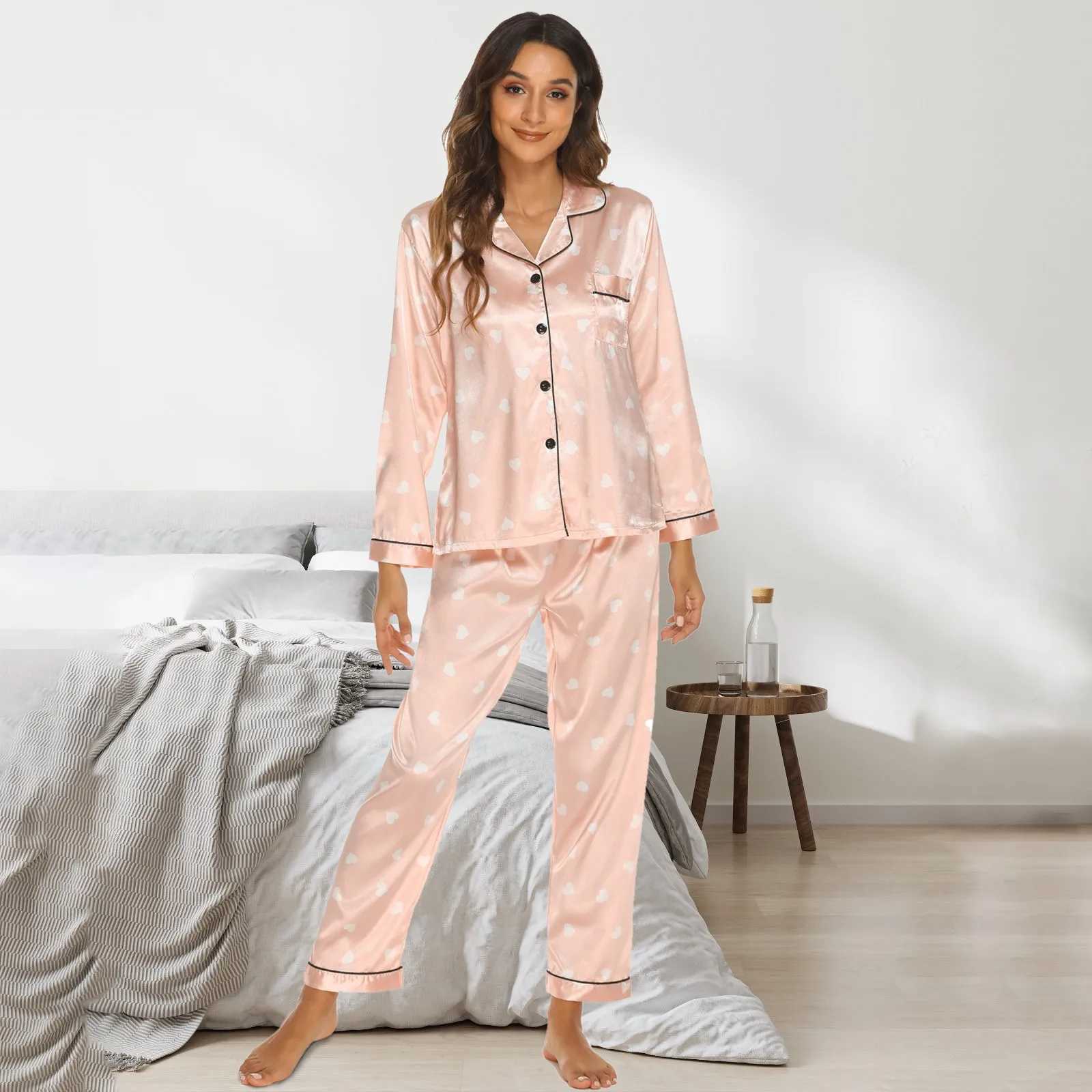 Womens Pajama Printed Set Long Sleeve Button Down Pajama Soft Set Womens PajamaW240719