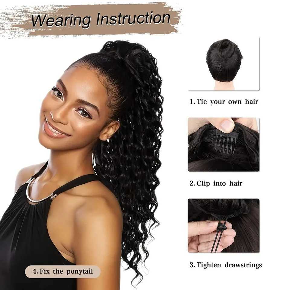 Synthetic 22 inch long wavy curly ponytail extension clip in tugged ponytail wig African ponytail female hair fake W240817