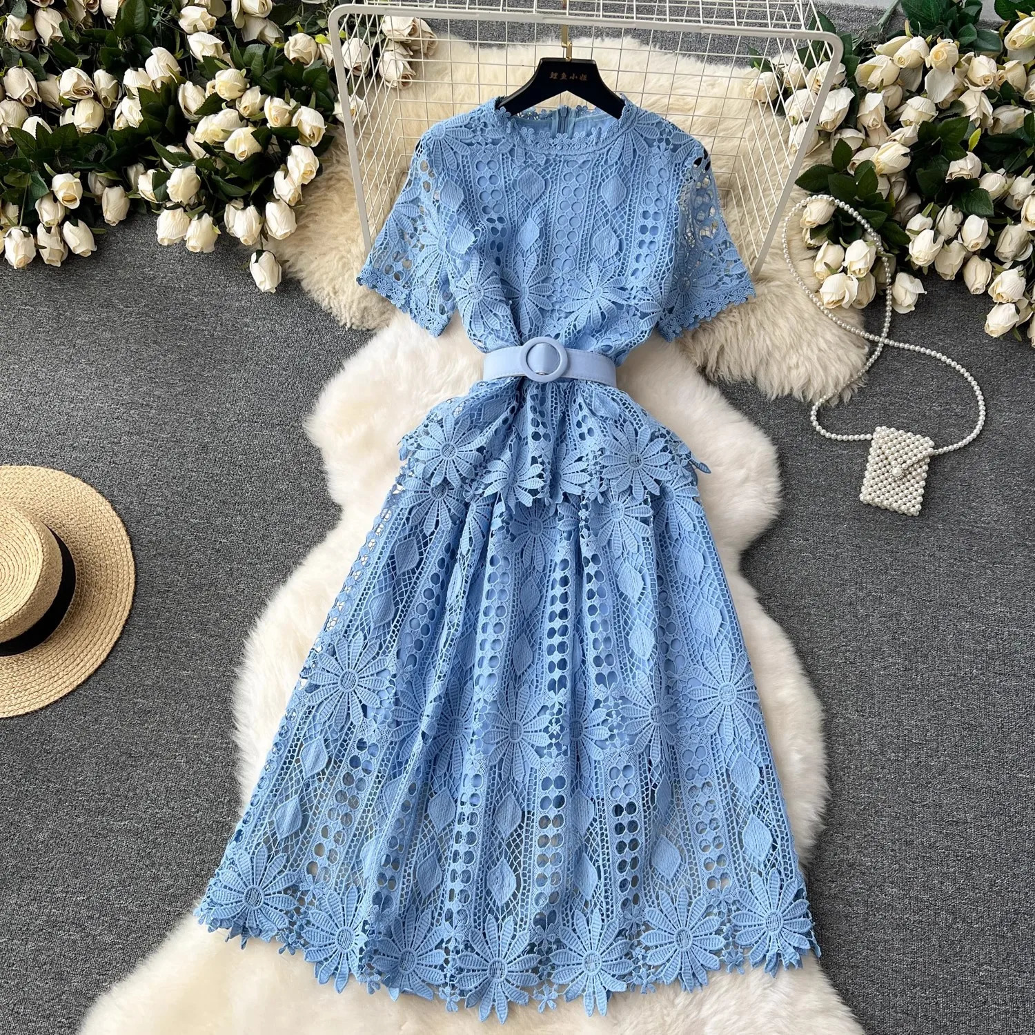 Runway Crochet Hollow Out Pink Midi Lace Dress for Women Summer Short Sleeve Embroidery Party Dress Elegant Holiday Robe 240819