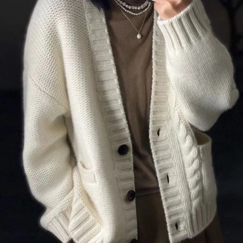 Vneck short sleeved knitted cardigan womens autumn and winter thick Korean casual loose long sweater jacket in 3 colors 240819