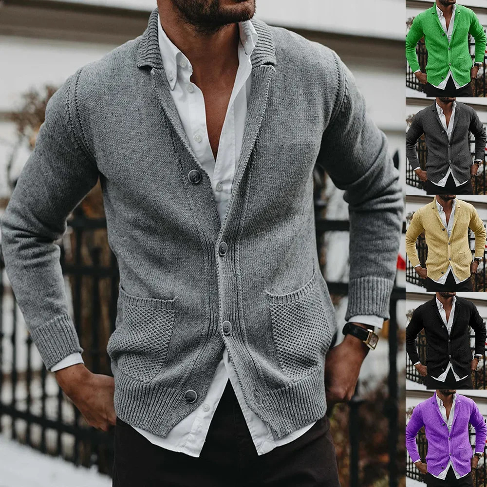 European and American mens autumn winter wool sweater solid color Vneck long sleeved pocket knitted 240819