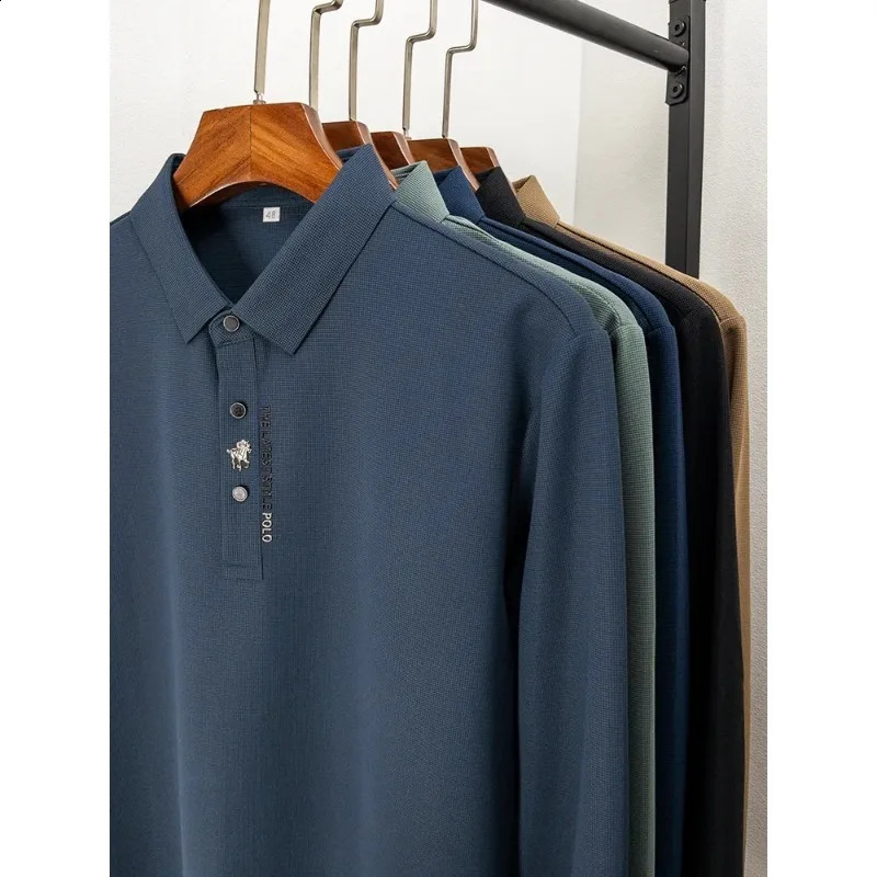 High Quality Autumn Business Solid Color Long Sleeve Polo Shirt Lapel Collar Men High-End Fashion Casual No Trace Printing 240820