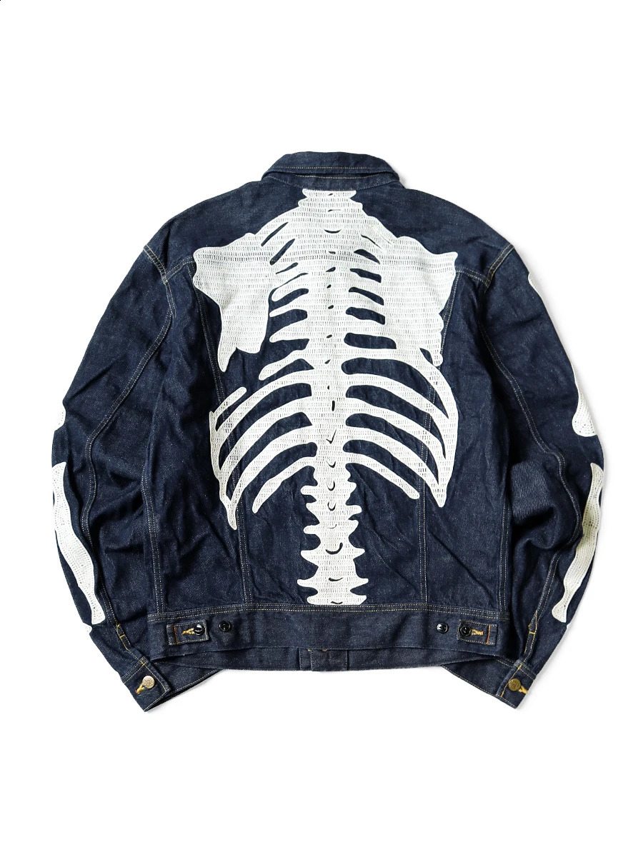 Harajuku Japanese Style Bone Embroidered Denim Jacket Mens Street Skateboard Retro Loose Casual Autumn Thin 240819