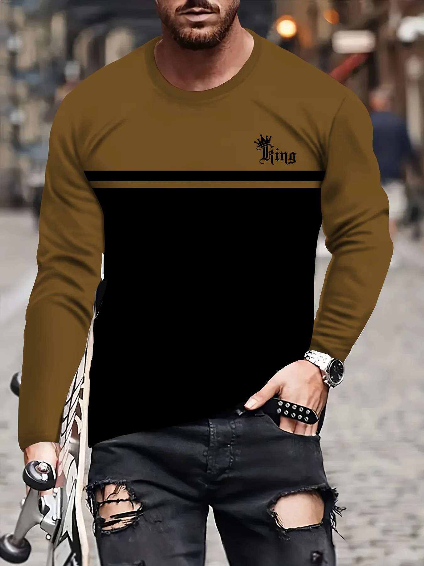 Funny Letter Stripe Print T Shirt For Men Autumn Fashion Loose Cotton Tops Casual O-neck Long Sleeve T-Shirt Mens Clothes Tees 240820