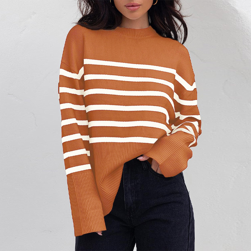Trendy European & American Women's Striped Sweater - Cozy Round Neck, Long Sleeves with Side Split