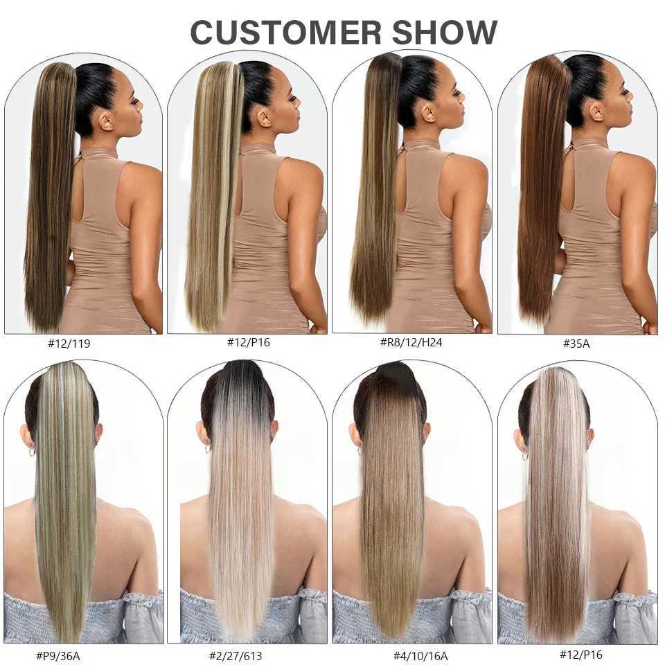 Straight long ponytail with hair extensions clipped in synthetic brushed Ombre blonde ponytail wig African ponytail female hair fake W240817
