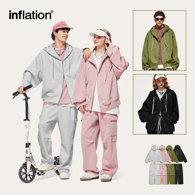 INFLATION Unisex Harajuk Oversized Tracksuit Trendy Pink Cargo Pants and Hooded Jacket Set Mens Hooodie Set 240819