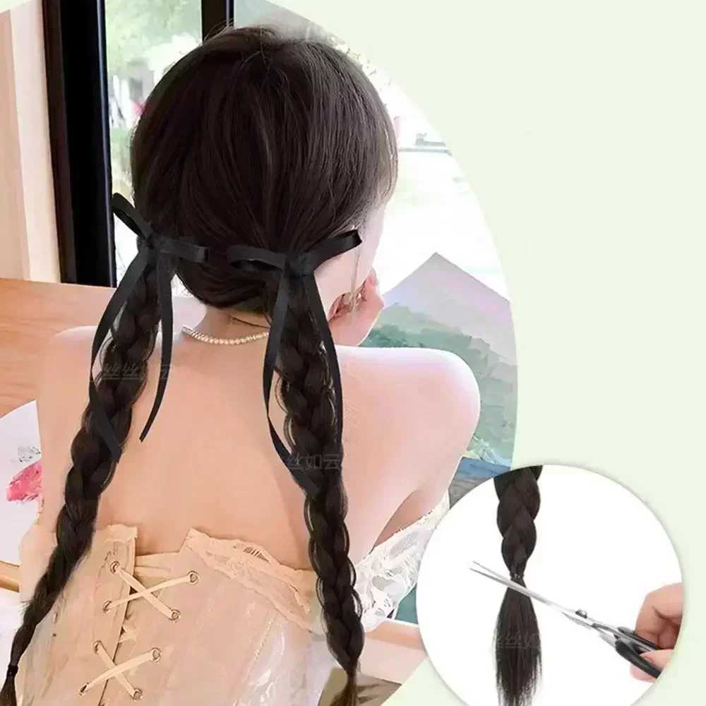 Female synthetic wig 50cm double ponytail ribbon bow wig 2PC ball head wig extended childrens girl gentle casual hairstyle W240817