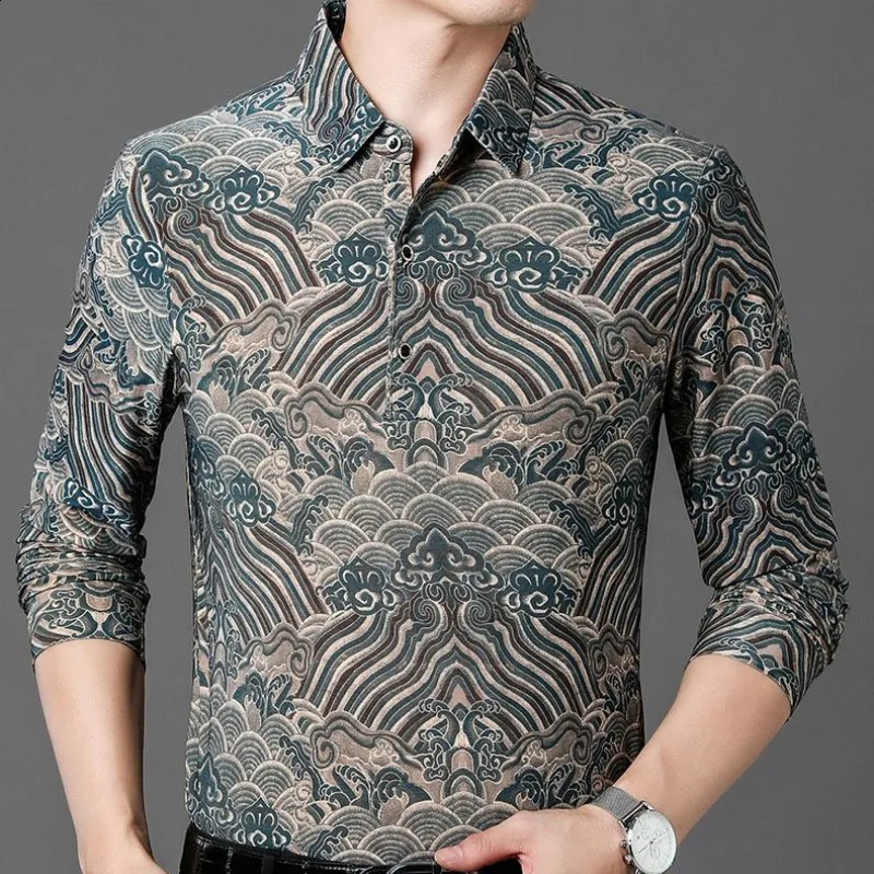 Autumn Mens Long Sleeve Turn-down Collar Button Fashion Business Loose Large Solid Color Printed Pullover Polo Shirts Tops 240820