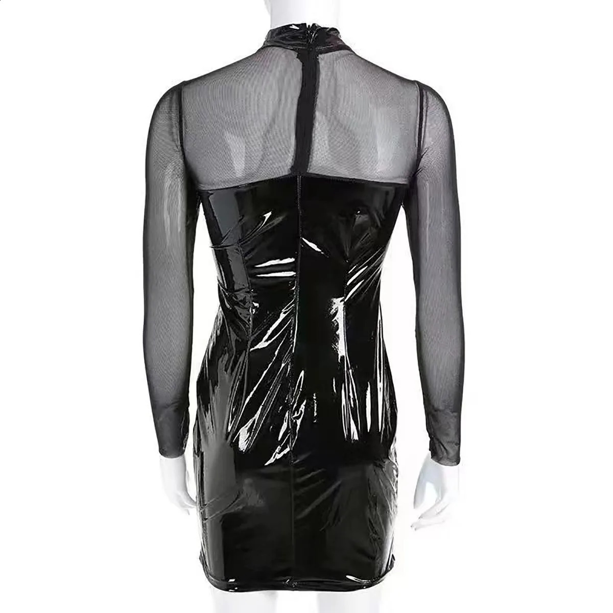 Women Shiny Leather Sheath Bag Hip Dress See Through Porn Breast Exposing Shaping Bodycon Stitching With Transparent Mesh 240819