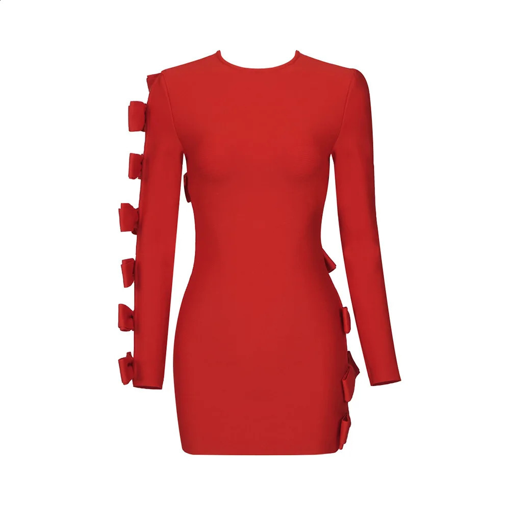 Women Sexy Bandage Dresses Fashion Bow Long Sleeve Clothes Club Party Hollow Out Dresses 240819