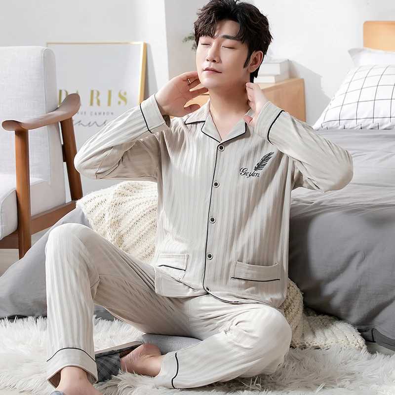L-5XL Autumn Luxury Pajama Knitted Cotton Mens Pajama Set Long Sleeve Pajama Plus Size Pajama PJW240719