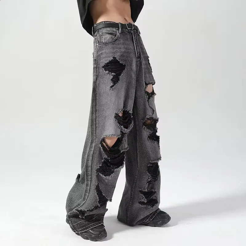 Hole Hip Hop Jeans Men High Street Loose American Style Vintage Straight All-match Youthful Leisure Vibe Wide Leg Y2k Harajuku 240819