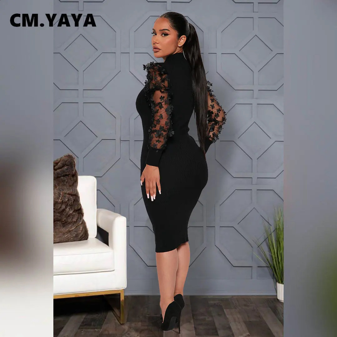 CM.YAYA Elegant Women Floral Applique Mesh Long Sleeve Knit Ribbed Sweater Dress Fashion Autumn Winter Bodycon Dresses Vestidos 240819