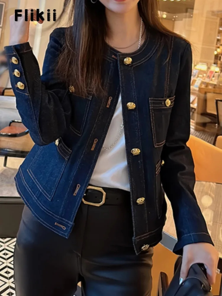 Korean fashion single chest long sleeved jacket autumn womens casual solid elegant round neck pocket retro denim 240814
