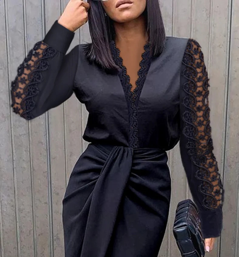 Autumn and Winter Womens Fashion Casual Temperament Elegant V-neck Lace Long Sleeve Wrap Hip Waist Mid length Dress 240819