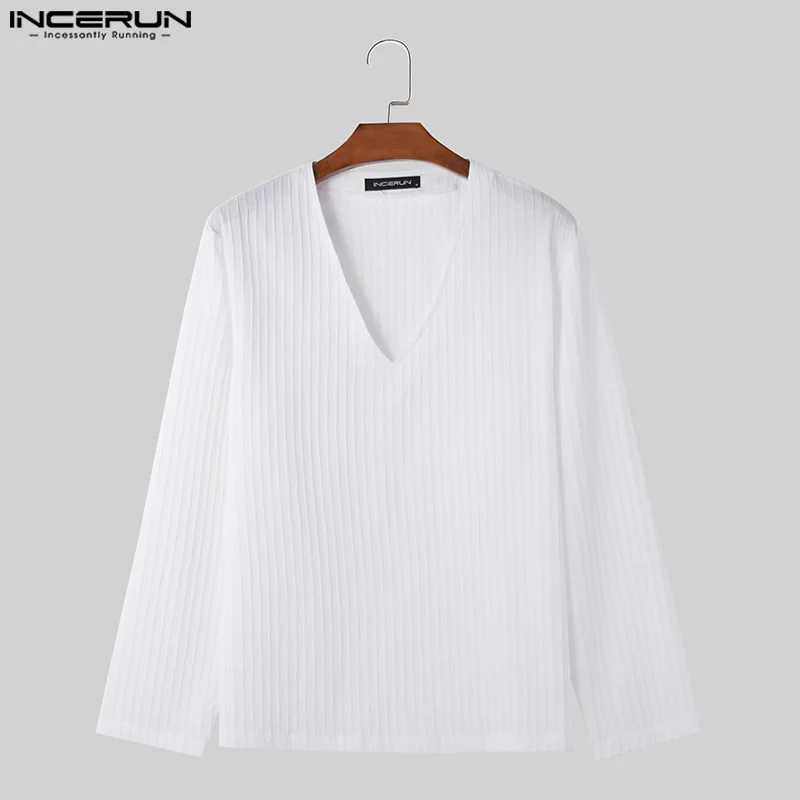 INCERUN Tops 2024 Korean Style Fashionable New Mens V-neck Pleated Camiseta Casual Solid Comfortable Long Sleeved T-shirts S-5XLXJ240819