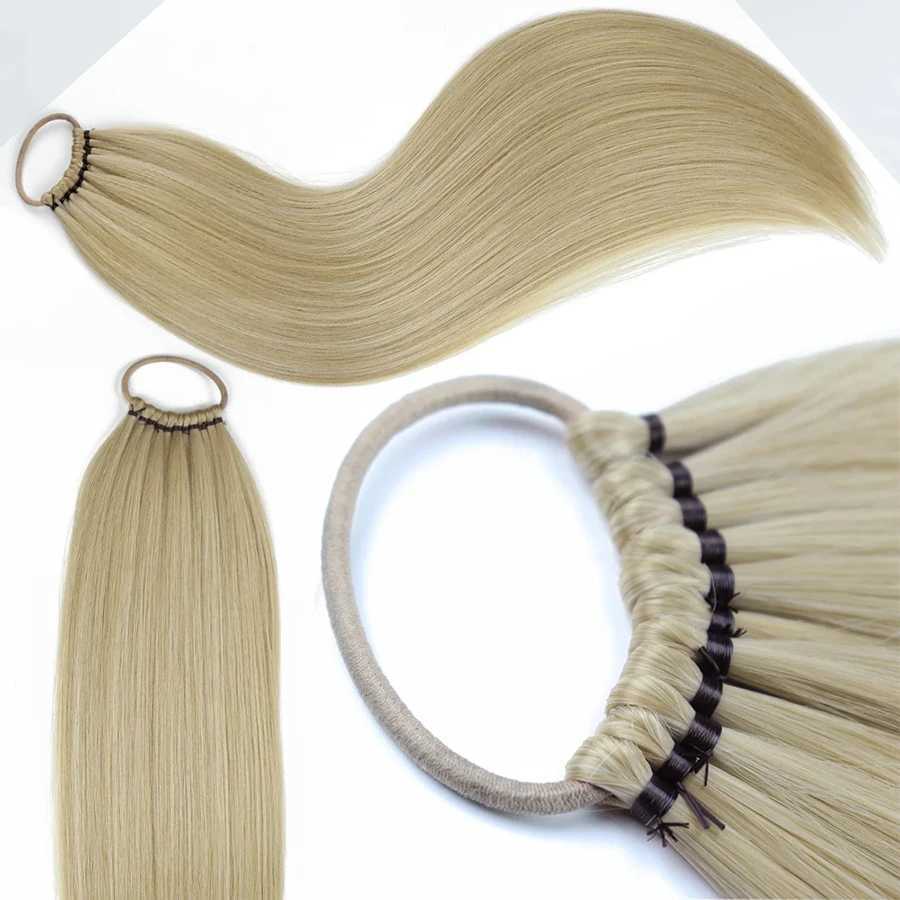 26 inch long synthetic ponytail and rubber strap wrapped around the ponytail black brown ponytail W240817