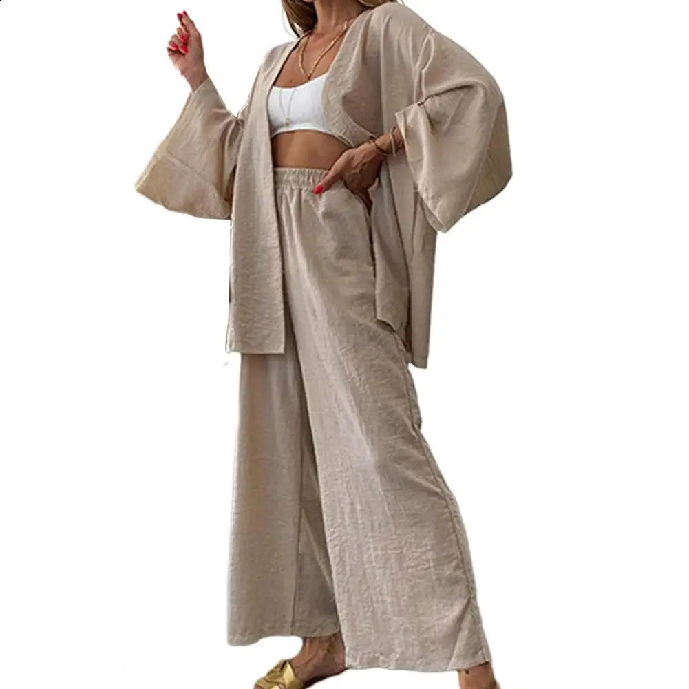 2 PcsSet Cardigan Pants Set Solid Color Loose Wide Leg Elastic Waist Deep Crotch Long Sleeve Pockets Soft Breathable Lady Coat 240819