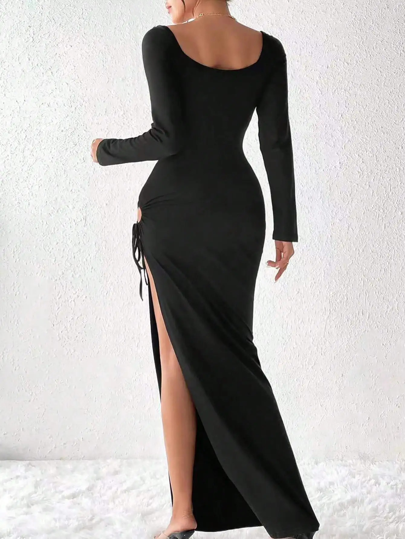 womens dress Chicken neck brick neck long sleeve high slit to thigh knot knit wrap buttock slim sexy womens dres 240819